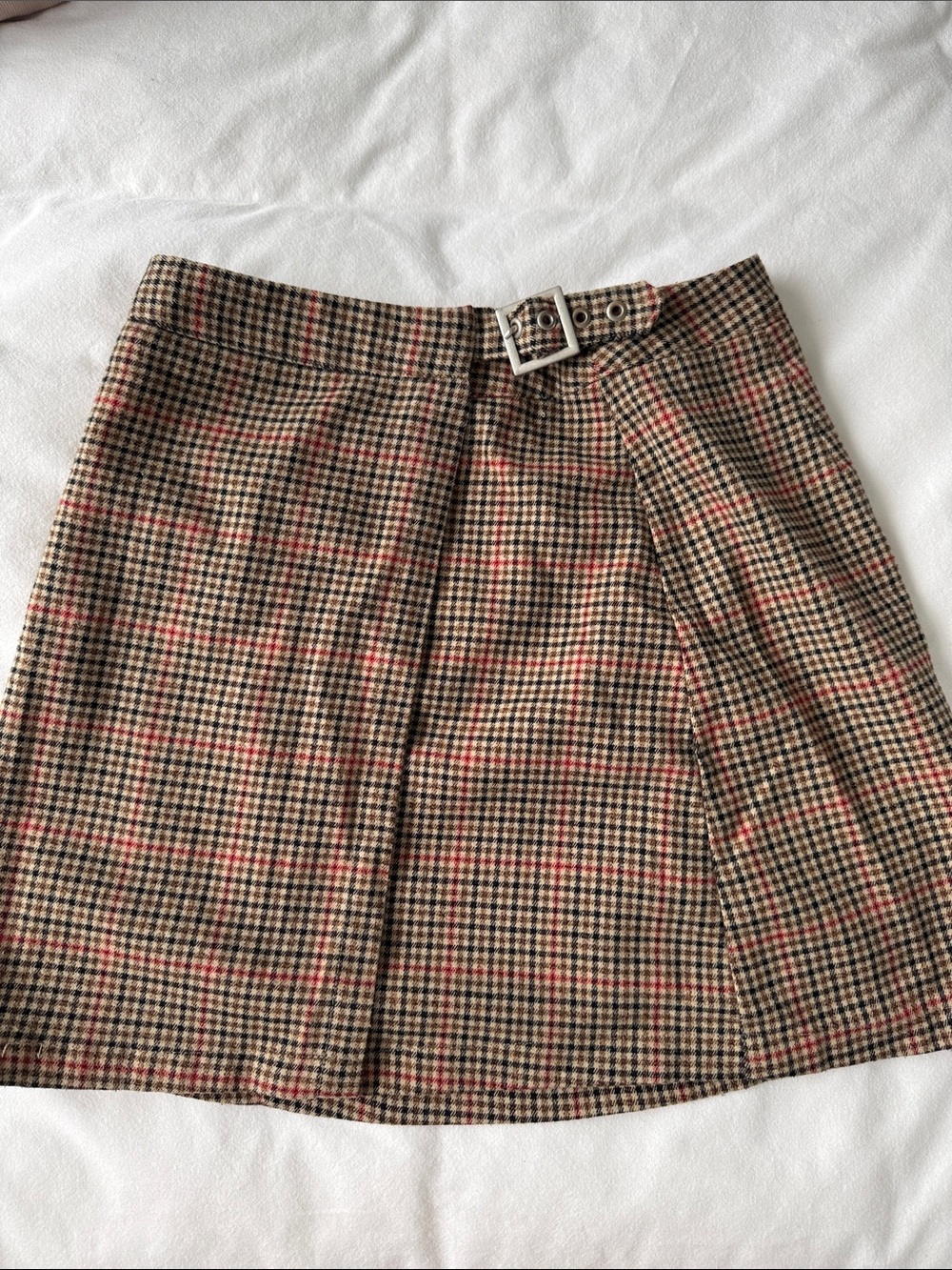 John Galt Tweed Plaid Mini Skirt with Buckle